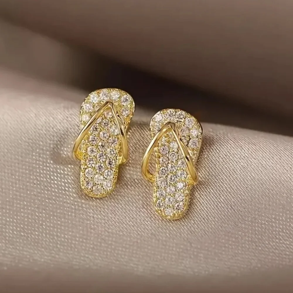 NEW Dainty Flip Flop Rhinestone stud Earrings Minimalist Beach Vaca - Boutique - Picture 2 of 8